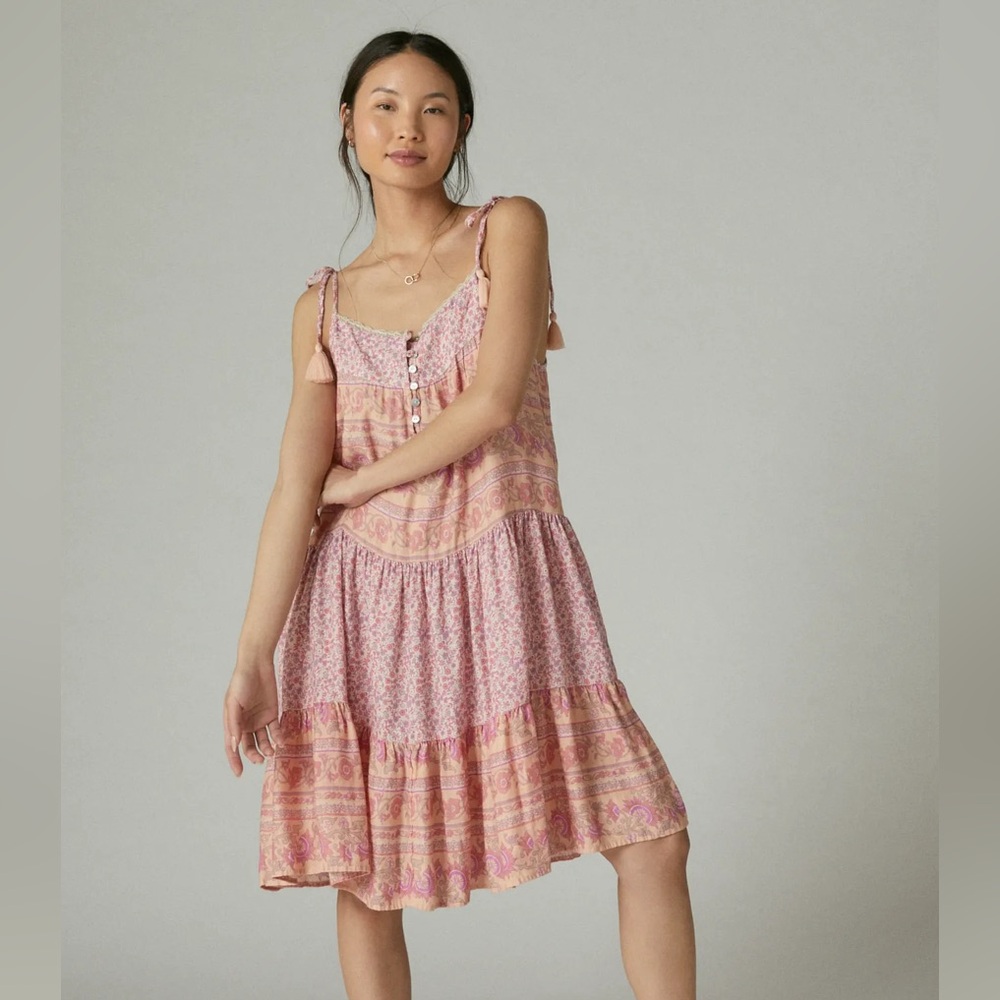 Lucky Brand Mixed Print Tie Sleeve Floral Tiered Dress